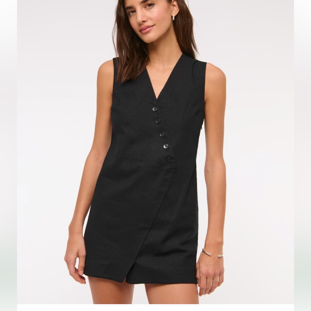 Abercrombie & Fitch Linen-Blend V-Neck Button Mini Dress